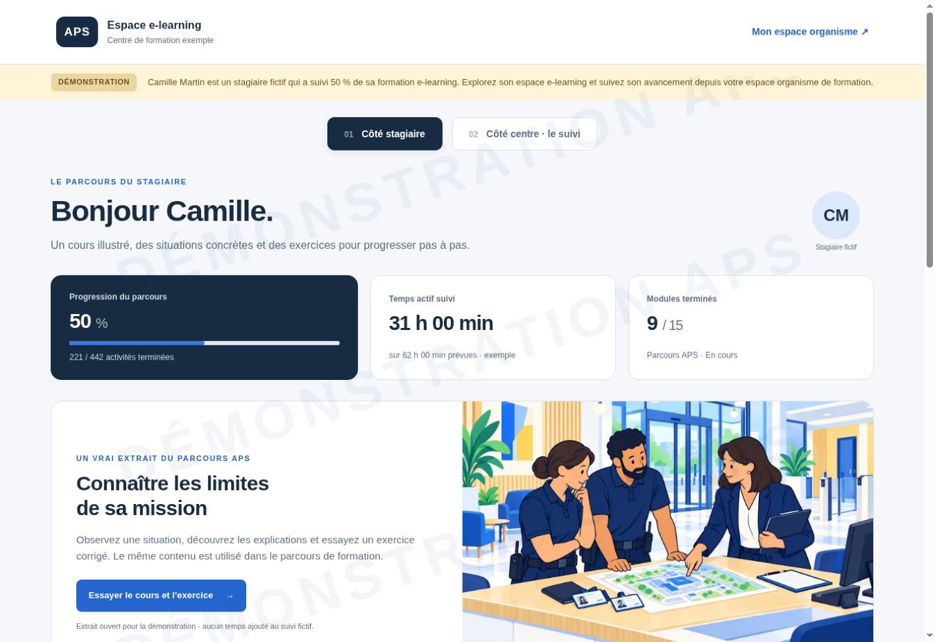 Aperçu réel de la démonstration APS : cours et progression de Camille Martin, stagiaire fictif