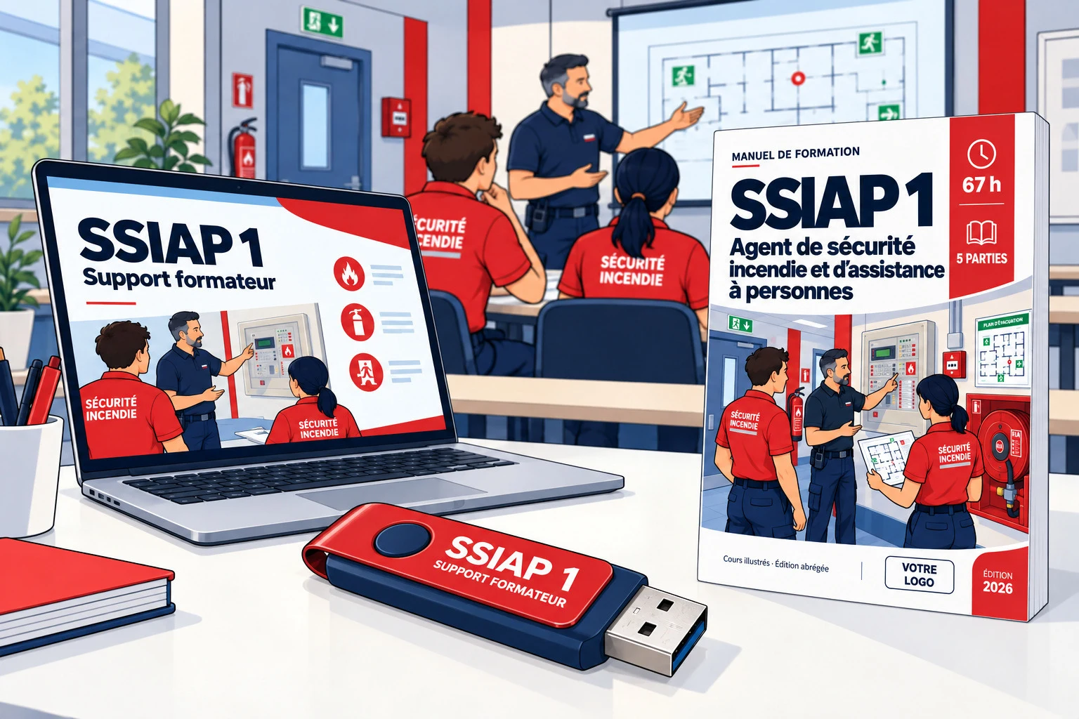 Grande clé USB SSIAP 1 contenant le support PowerPoint formateur, devant un ordinateur